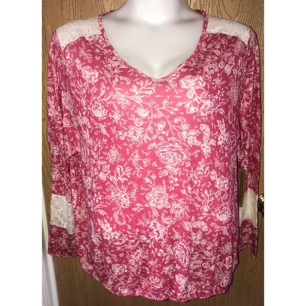 Pink printed lace inset Ruff Hewn top